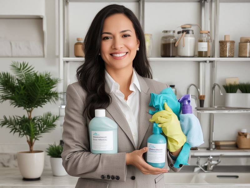 Professional cleaning service founder Tamara Salinas in business attire holding eco-friendly cleaning products