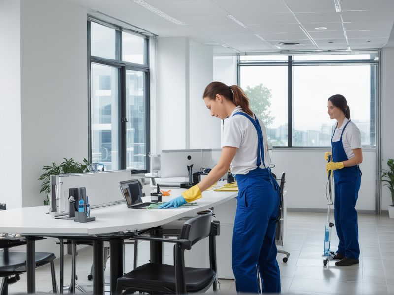 Professional commercial cleaning team maintaining a clean, modern business environment