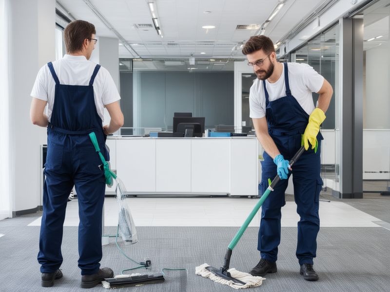 Professional commercial cleaning team maintaining a modern office workspace