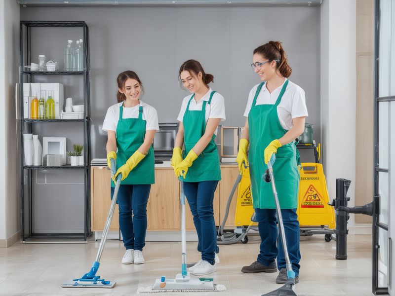Professional cleaning team in action using eco-friendly products and modern equipment