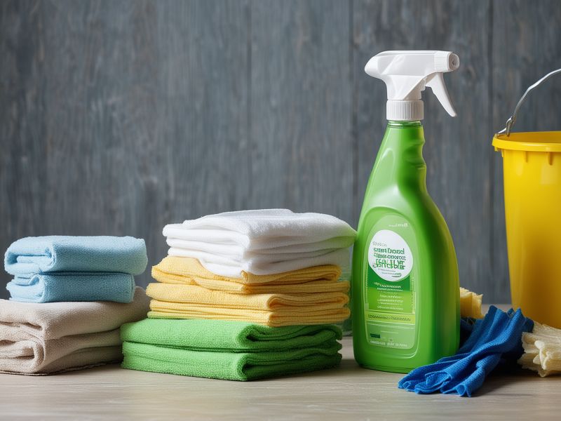 Professional cleaning equipment and eco-friendly cleaning supplies arranged on a table