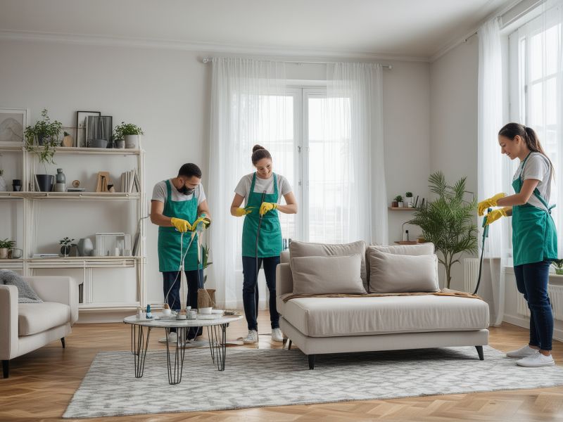 Professional cleaning service team working in a modern living room with eco-friendly cleaning products