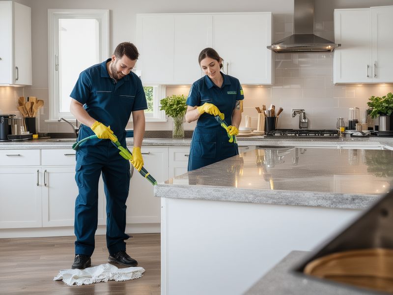 Professional residential cleaning service team working in a modern, clean home kitchen